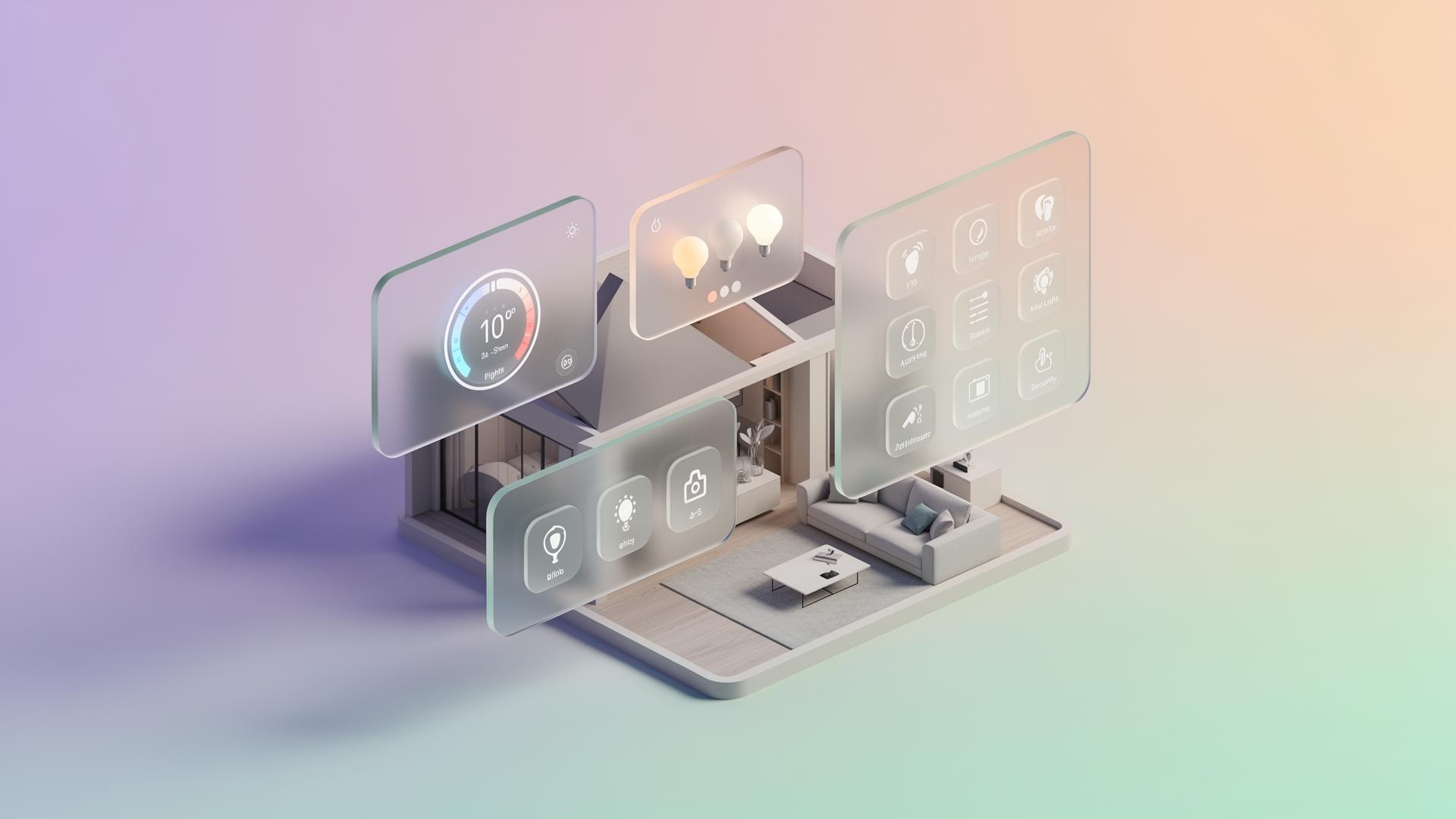 3D illustration of a smart home with floating glass control panels
